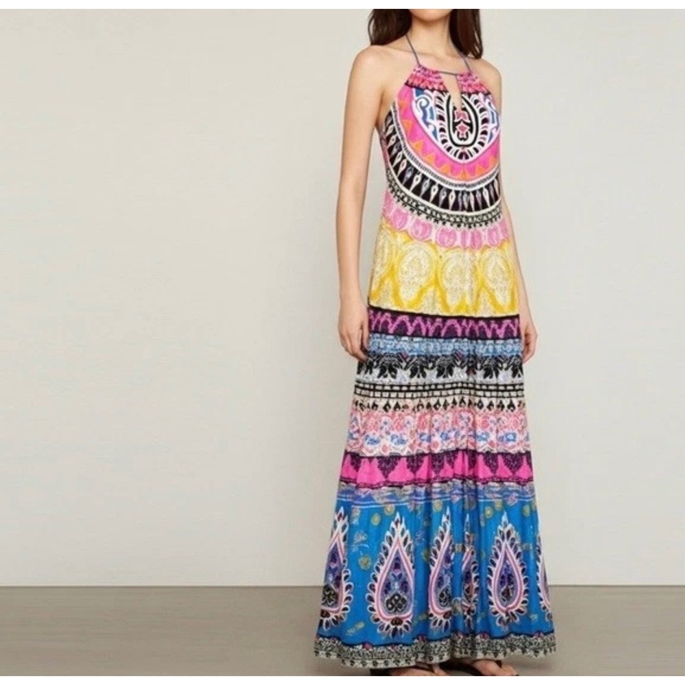 Flying Tomato Anthropologie Blue Boho Tribal Halter Maxi Dress Small ID13388